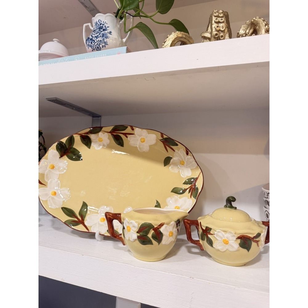 Hardy Painted Rangl Dogwood Hand Painted Ceramic platter w creamer + suga